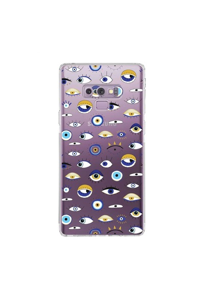 Samsung Galaxy Note 9 İle Uyumlu Nazar Boncuğu 2 Kamera Korumalı Şeffaf Silikon Kılıf Şeffaf