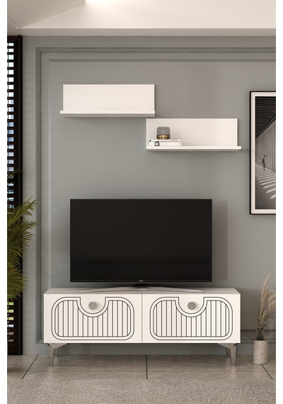 120dhdtür3ba 120 Cm Hera Lazer Desenli Raflı Tv Sehpası,ünitesi Beyaz - Gümüş