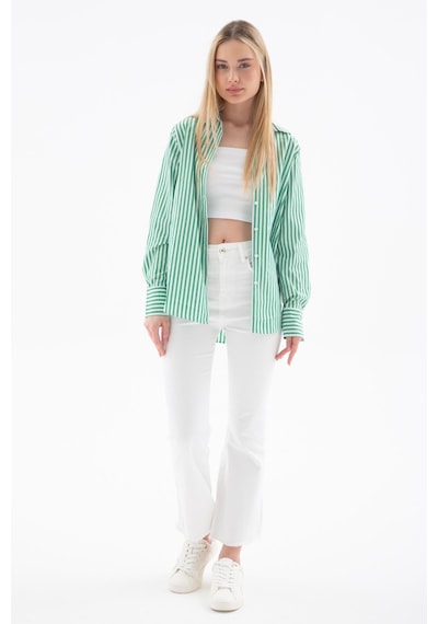 Fashion Friends Oversize Kadın Çizgili Gömlek Yeşil