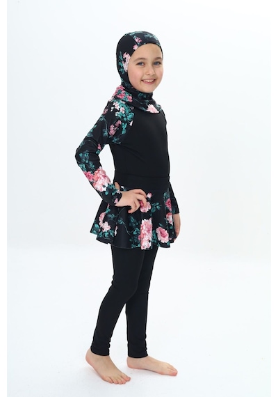 My Kids Wear Üç Parça Kız Çocuk Haşema, Tesettür, Etekli, Kapalı Mayo Mercan - Pembe