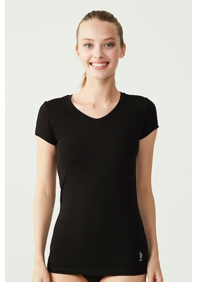 U.S. Polo Assn. Kadın Siyah Kısa Kollu V Yaka T-Shirt 66004