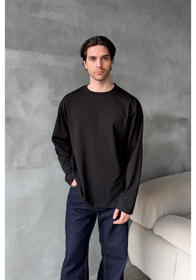 Erkek Oversize Uzun Kollu Basic T-shirt Siyah