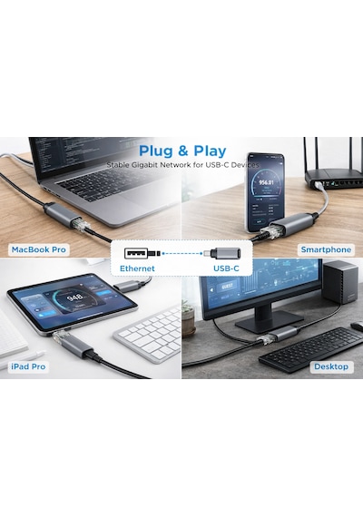 Usb-c Ethernet Adaptörü Type-c Dişi Rj45 Erkek 1gbps Gigabit Usb 3.0 Ağ Çevirici