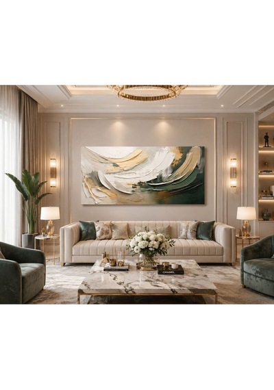 Lüx Gold & Zümrüt Yeşili Soyut Kanvas Tablo Modern Premium Panoramik Duvar Tablosu Salon, Ofis, Yatak Odası Dekorasyonu