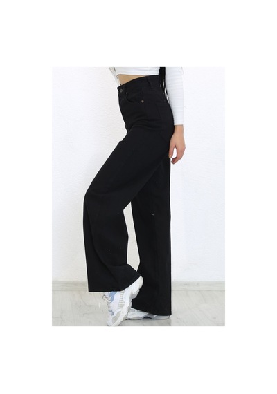 Palazzo Pantolon Siyah Yüksek Bel Geniş Paça Bol Kesim Premium Jeans Siyah