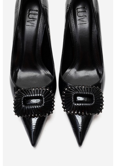 Luvishoes Rebel Siyah Baskılı Tokalı Kadın Topuklu Ayakkabı Siyah