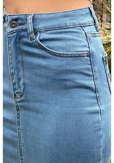 Vikings Jeans Kadın Maxi Denim Etek Likralı Önden Yırtmaçlı Yüksek Bel Acık Mavi Açık Mavi