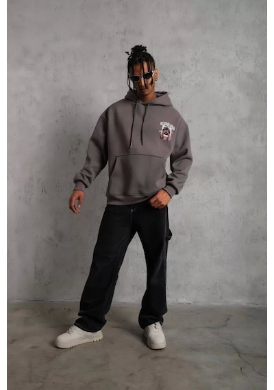 Erkek School Boy Baskılı Kapüşonlu Sweat - Gri