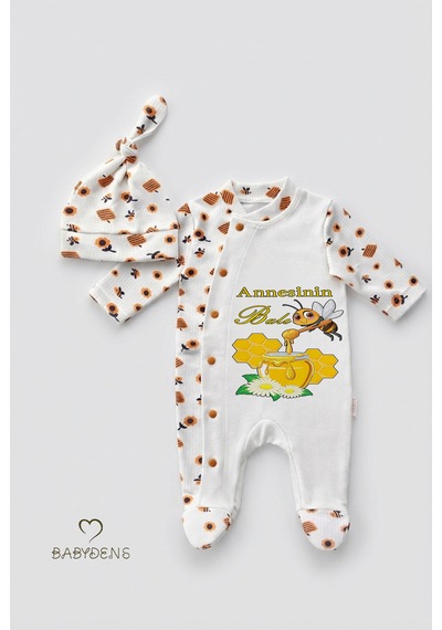 Babyden's Annesinin Balı Yazılı Yenidoğan Bebek Tulumu Şapka Seti Arı Desenli Unisex Çıtçıtlı Bebek Tulum Ekru - Çok Renkli