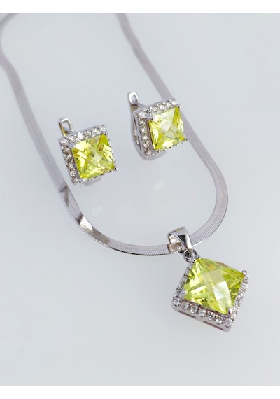 925 Ayar Gümüş Zebercet Peridot Doğal Taşlı Baget Tasarım Kadın Mücevher Set Kolye Küpe S.258