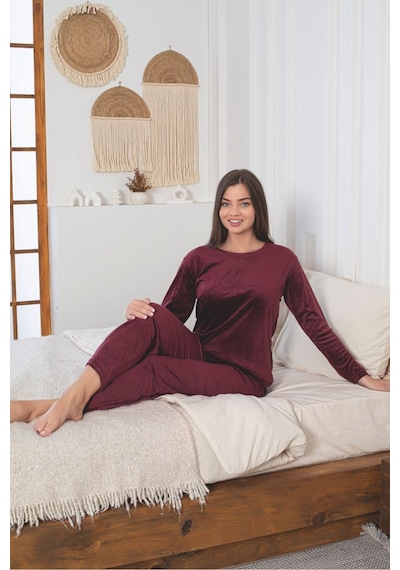 Kadın Kırmızı Renk Likralı Kadife Pijama Takımı Kırmızı