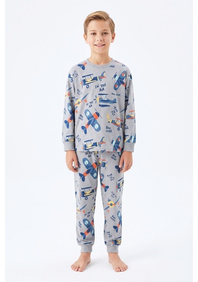 Modanino %100 Pamuk Erkek Çocuk Pijama Takımı 8-13 Yaş 12735ıs Gri
