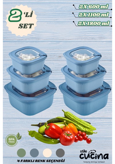 6'lı Mikrodalga Ve Difriz Kullanımına Uygun Vakumlu Sızdırmaz Saklama Kabı Seti 2x 600-1100-1800 Ml Mavi