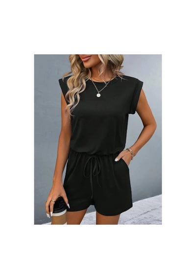 Butik İstanbul Kadın Kısa Kollu Vatkalı Belden Bağcıklı Kısa Viskon Tulum Siyah
