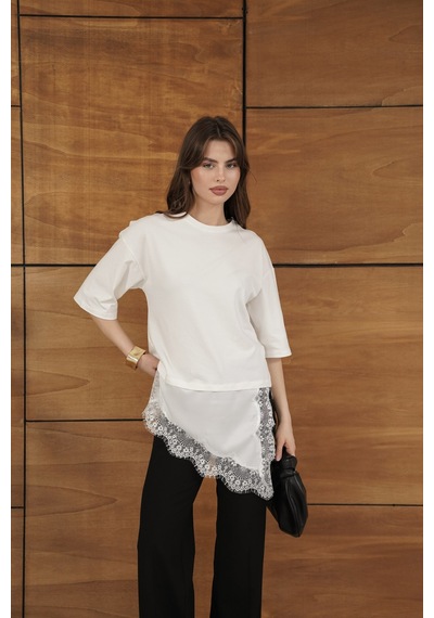 Verymoda Dantel Ve Saten Detaylı Asimetrik Tişört D2942 Krem