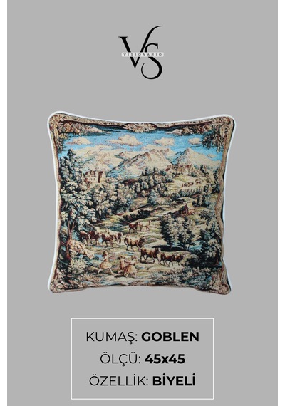 Kırlent Kılıfı Goblen Dokuma Kumaş - 45x45cm Çift Taraflı Biyeli Dekoratif Kırlent Kılıfı - Vs-304 Bej Renk Uyumlu Çok Amaçlı Yastık Minder
