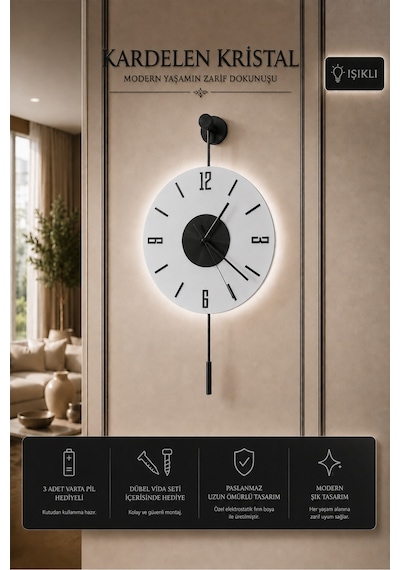 MetaQuartz Aksesuar Siyah Artistry Kardelen Siyah 30x55 Cm Pilli Led , Modern Dekoratif Metal Duvar Saati