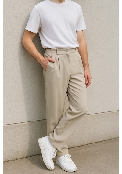 Cedy Denim Yüksek Kalite Erkek Yüksek Bel Pileli Baggy Chino Pantolon C358 Bej