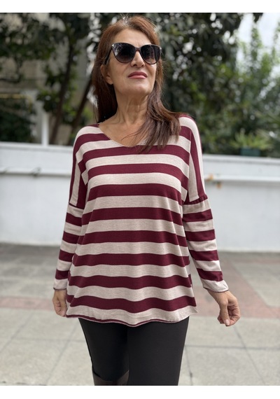 DenizEge İtalyan Yün Angora Çizgili Triko Bordo