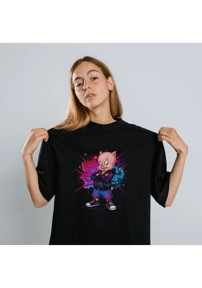 Freedom Store Porky Pig Graffiti Baskılı Unisex Siyah Oversize Tişört - 24/1 Penye