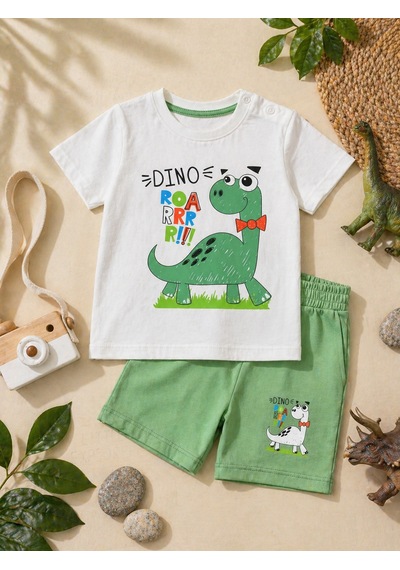Durukoza Erkek Bebek Dinozor Baskılı Şortlu Takım %100 Pamuk Yazlık Omuz Düğmeli Beyaz - Yeşil