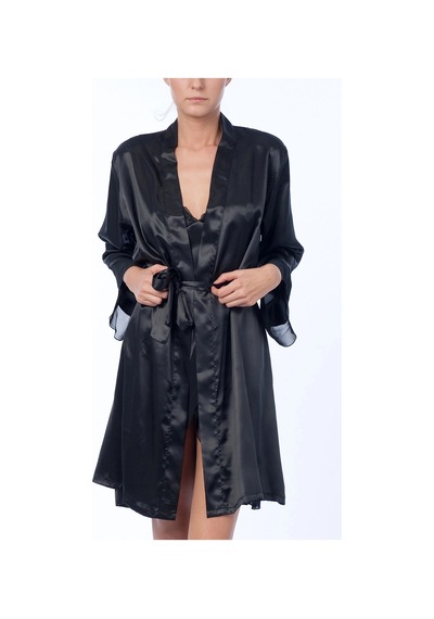 Nurteks Kadın Siyah Gecelik Kimono Takım 5396 Çok Renkli