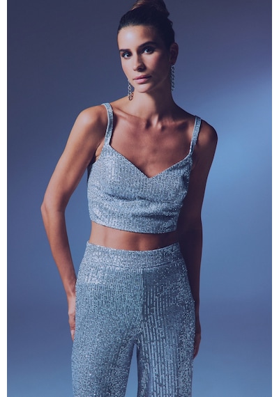 Sateen Kalın Askılı Payet Crop - Gri-135342 Gri
