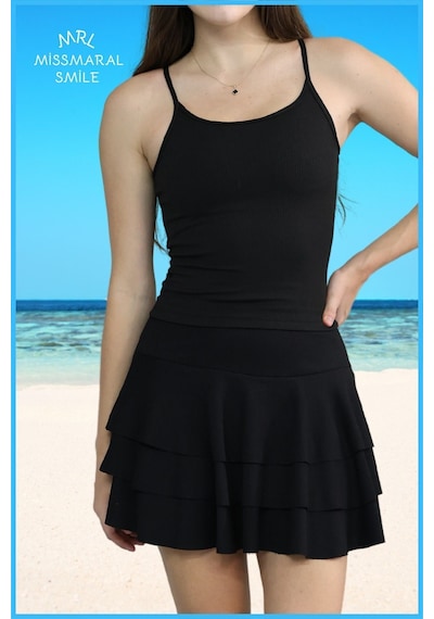 Mykonos Etek Siyah Içte Sabit Şortlu Yüksek Bel Likralı Bürümcük Kumaş Skirt With Shorts 4105 Siyah