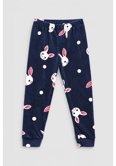 Markapia Kız Çocuk Tavşan Desenli Yumuşak Kadife Dokulu Pijama Takımı Lacivert
