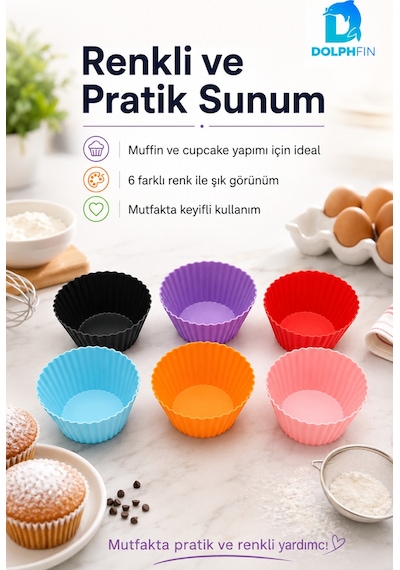 6 Lı Renkli Silikon Muffin Kalıbı Cupcake Kek Kalıbı Esnek Tekrar Kullanılabilir Muffin Kabı Çok renkli