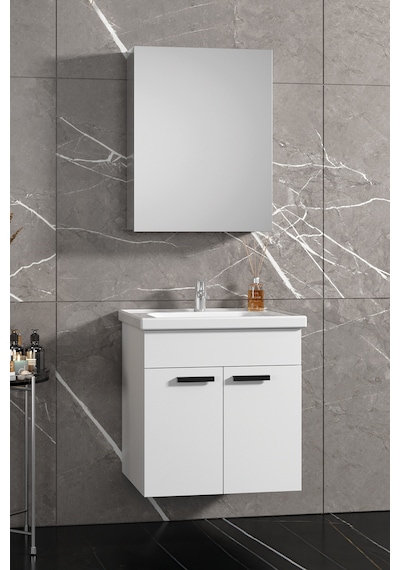 Çiğdem Kulplu 55 Cm Beyaz Mdf Seramik Lavabolu Asma Banyo Dolabı Takımı