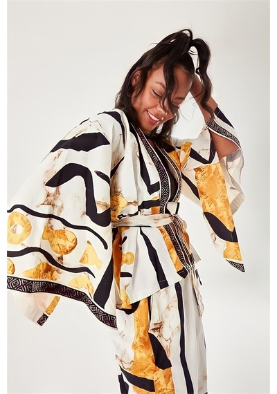 Batik Desenli Kimono Ekru