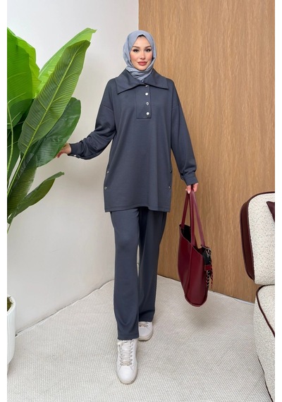 Mihran Butik Soho Elegance Yaka Detaylı Kadın Tesettür Alt Üst Takım Antrasit