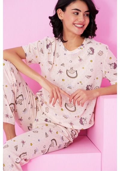 Siyah İnci Pointel Ajurlu/delikli Bisiklet Yaka Örme Pijama Takım Somon Unicorn