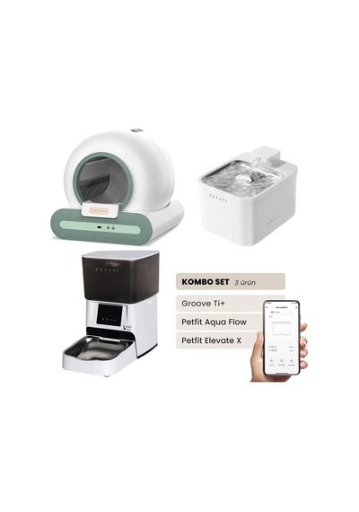 Groove Ti+ Akıllı Otomatik Kedi Tuvaleti Yeşil - Petfit Aqua Flow Akıllı Bataryalı Su Pınarı Çeşmesi + Petfit Elevate X Akıllı Otomatik Mama Kabı Bundle
