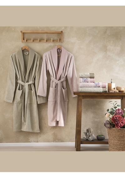 Taç Pure Cotton Aile Bornoz Seti Tiffany Pudra Camel Bej - Pudra
