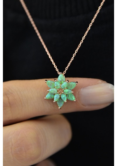 Papatya Silver 925 Ayar Gümüş Yeşil Doğal Opal Taşlı Lotus Kolye