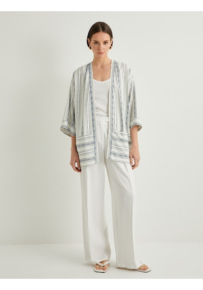 Koton Kimono Geniş Yarım Kollu Cepli Keten Karışımlı Mavi Çizgili 4sak50011pw Mavi Çizgili Mavi