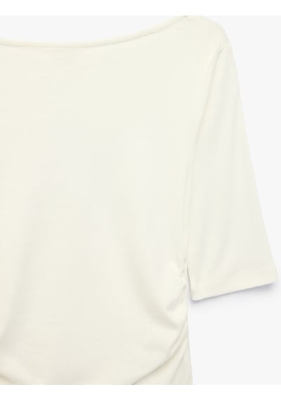 Koton Pamuklu Slim Fit Drapeli Yuvarlak Kayık Yaka Dirsek Boy Tişört Ekru 6sak50518ek