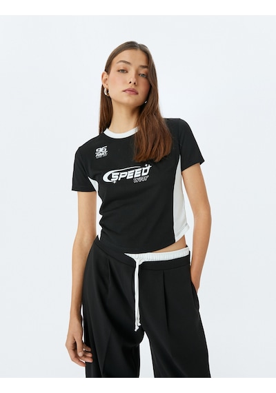 Koton Bisiklet Yaka Slogan Baskılı Biyeli Kısa Kollu Slim Fit Tişört Siyah 5sal10086ık Siyah