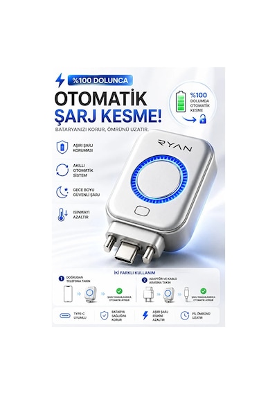 Ryan Powerguard X1 Type-c Akıllı Şarj Kesici Batarya Koruma Cihazı %100 Dolumda Otomatik Şarj Kesme-14906