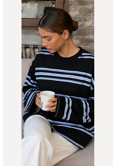 Hiccup Bıpantolon Kadın Oversize Çizgili Bisiklet Yaka Sweatshirt Siyah