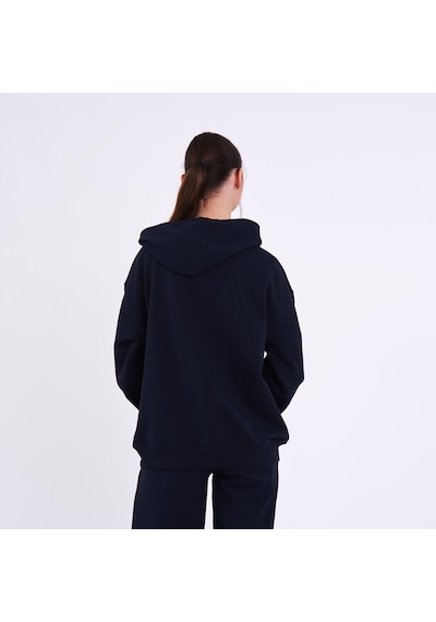 MMetalic Lacivert Kanguru Cepli Kapüşonlu Fermuarlı Oversize Kadın Sweatshirt Lacivert