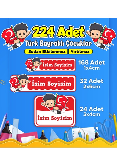 Türk Bayraklı Çocuklar Okul Kreş Kişiye Özel İsim Etiket Seti - Model 487 Çok Renkli