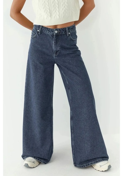 Hiccup Yüksek Bel Geniş Bacaklı Kot Pantolon Koyu Mavi Denim