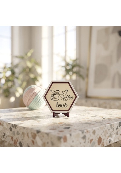 Kahve Keyfi Temalı Coffee Love Yazılı Masaüstü Objesi Çalışma Masanıza Neşe Katan Modern Ve Şık Tasarım Parça 10x10 Cm, Pudra