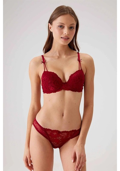 Pierre Cardin 4031 Kadın Bordo Balenli Destekli Dantelli Sütyen Külot Takım -bordo Bordo