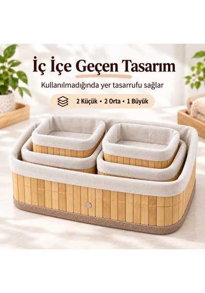 Bambu Düzenleyici Sepet Seti, Kumaş Astarlı, 5'li Set