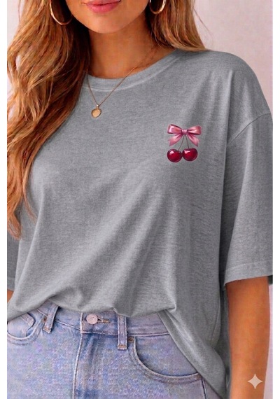 Minimal Kiraz Desenli Baskılı T-shirt Gri