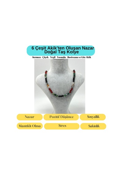Yıldız Doğal Taş Nazar Akik Taşı 55 Cm Doğal Taş Kolye 925 Ayar Gümüş Kilit Sistemi